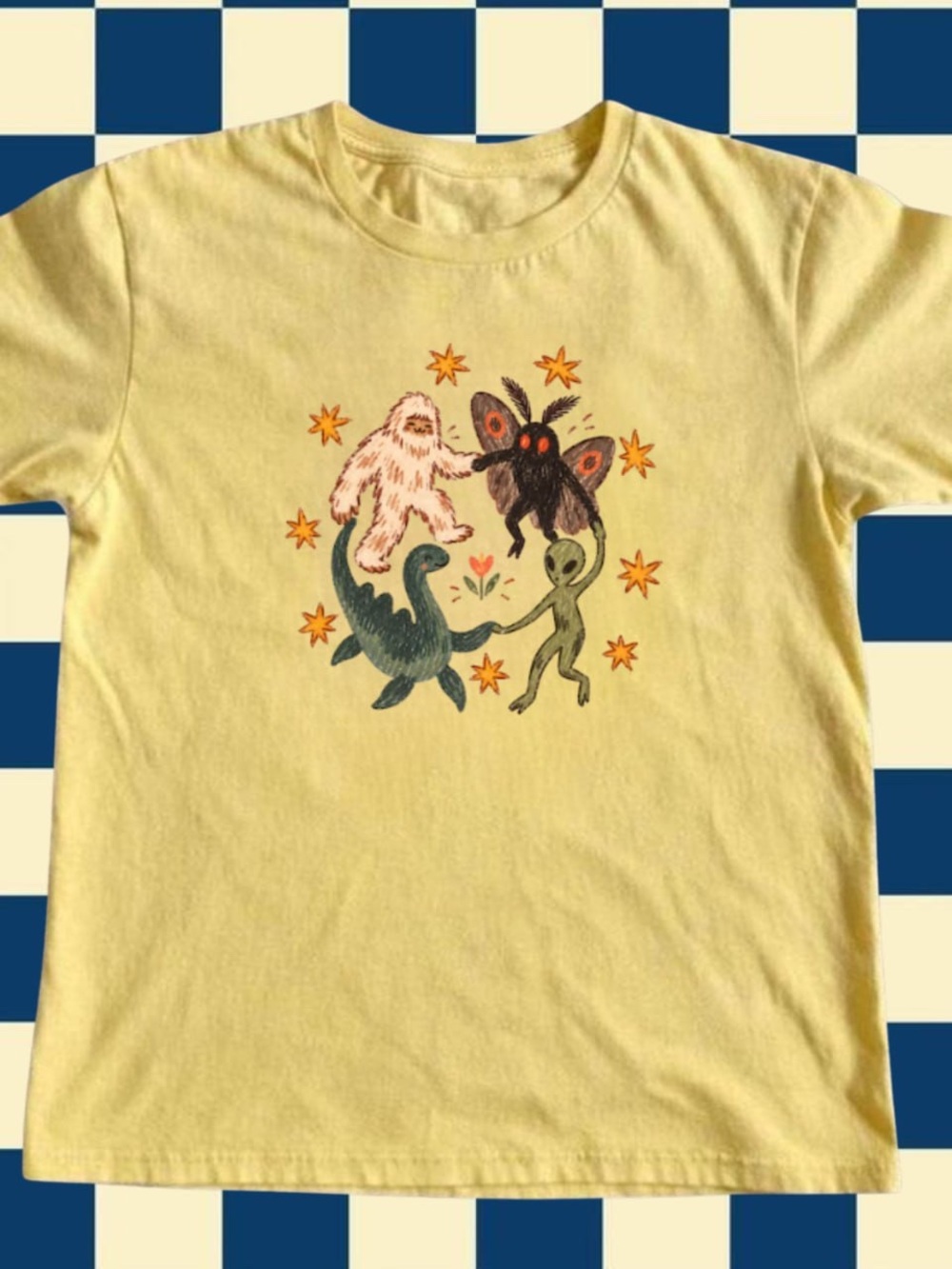 Gildan Yellow Graphic Tee with Retro Creature Friends